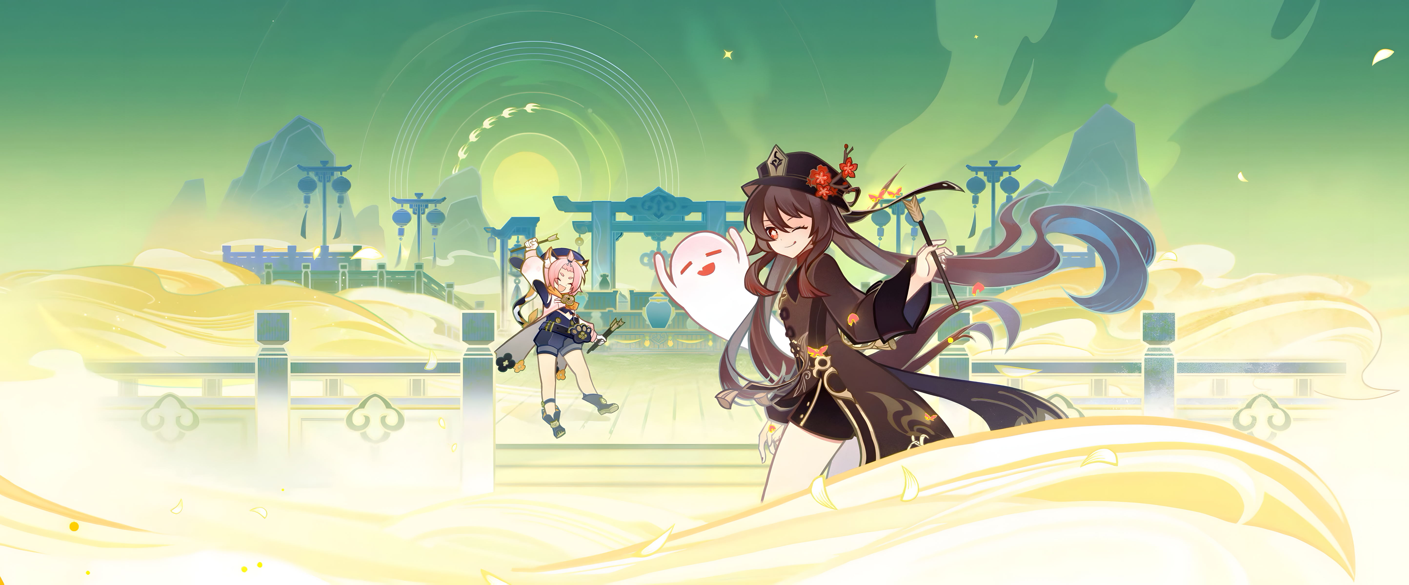 the image is a digital illustration of two anime girls from the video game genshin impact. the girl on the right is yelan, a character from the game. she is wearing a traditional chinese kimono and holding a sword. the girl on the left is a smaller, more whimsical character. she is holding a bow and arrow. both girls are standing on a bridge overlooking a fantasy landscape. the image is set in a mystical and whimsical world.
