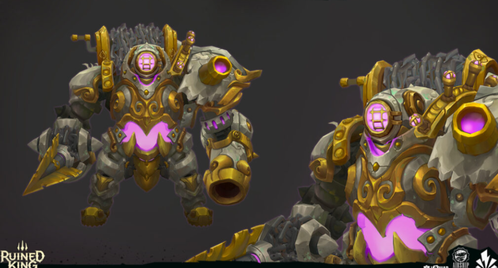 this image shows concept art for a character from the video game ruined king: a league of legends story. the artwork depicts a large, imposing robotic character.  the robot is primarily grey and stonelike with gold accents and ornate detailing.  it has a glowing purple core visible through its chest armor.  the character appears to be a mixture of mechanical and organic elements, suggesting a steampunk or fantasy setting.  two angles of the character are shown, one fullbody view and a closer, more detailed view of the upper body.  the "ruined king" logo is visible in the bottom left corner.
