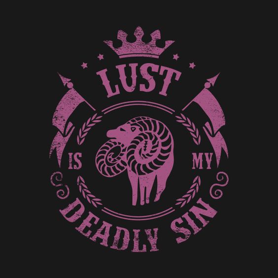 a pink and black vintagestyle logo for "lust" as a deadly sin. it features a ram with large horns, a crown above, and the text "lust is my deadly sin" surrounding the ram.  there is a banner behind the ram, and wheat stalks on either side of the circle. the entire design has a grunge aesthetic.