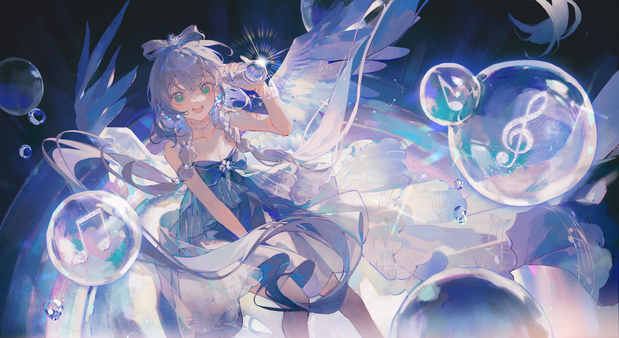 he image is a digital painting of an animestyle girl. she has long gray hair, green eyes, and is wearing a beautiful, flowing, light blue dress. she has large, feathery wings and is surrounded by floating, transparent bubbles with music notes inside them. the overall style is dreamy and ethereal, with a focus on soft pastel colors and sparkling effects.  the girl appears to be holding a small, ornate object, possibly a musical instrument. the background is dark and slightly abstract, contrasting with the bright and airy figure in the foreground. the overall feeling is one of magic and whimsy.