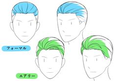 the image is a drawing tutorial on how to draw different anime and manga hairstyles for male characters. it shows the front view of four heads, each with a different hairstyle. the first two heads have short hair, while the last two heads have longer hair that is styled up. the hair is colored in blue and green to show the different sections of the hair. the text on the image is in japanese.