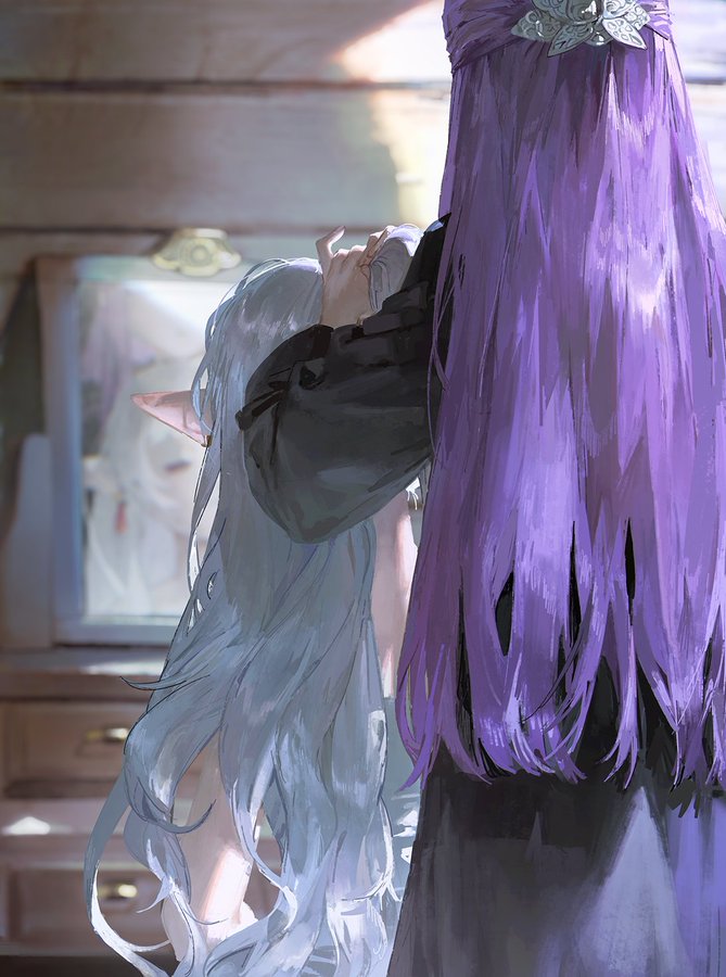 the image shows two women in a softly lit room with wooden walls.  the woman in the foreground has long, flowing purple hair and is braiding the long, white hair of the other woman.  the woman with white hair has pointed ears, suggesting she may be an elf. the scene is framed from behind the woman with purple hair, giving a sense of intimacy and tenderness to the moment. a mirror reflects a sliver of the scene, adding to the dreamlike atmosphere.