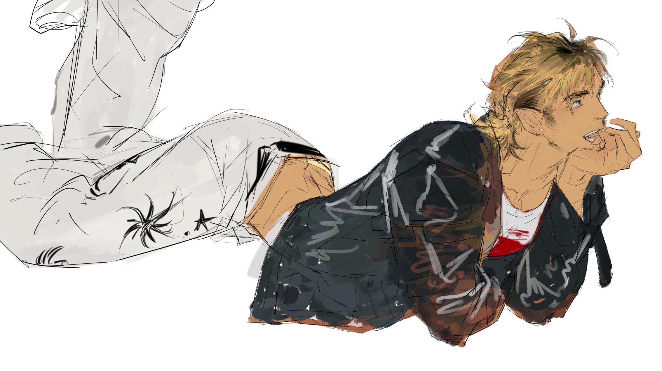 a drawing of a young male anime character sitting in a relaxed posture. he is wearing a white shirt with a red stain and a black jacket. he has short, blonde hair. his hand is near his mouth and his eyes are looking off to the side.  the drawing appears to be a sketch or a rough draft.  the lines are not straight and there are a lot of lines indicating the direction of the body and the clothing.