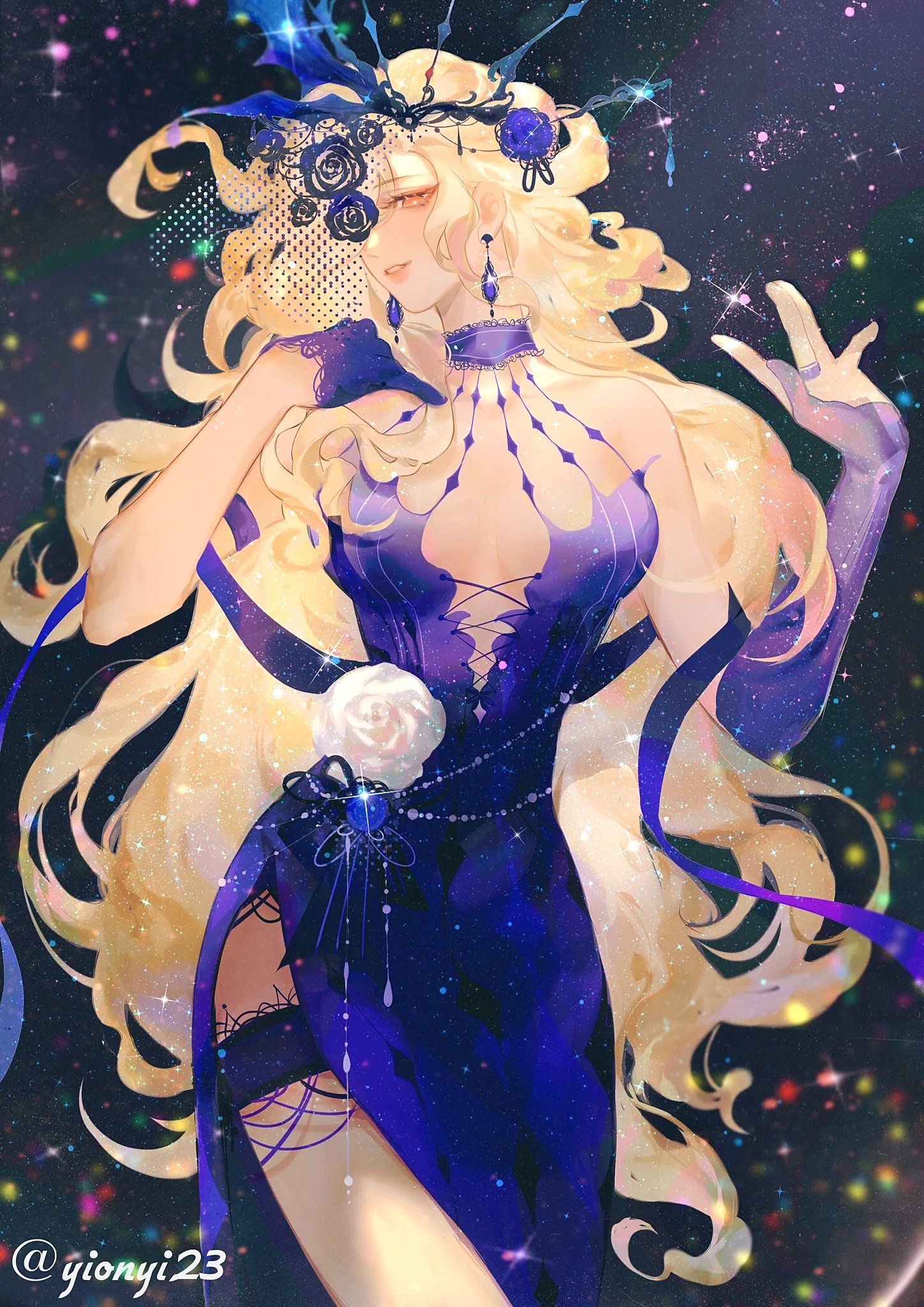 the image is a digital painting of an animestyle woman with long blonde hair and a stunning blue and purple gown. she is adorned with a crown, jewelry, and lace detailing, giving her a regal and magical appearance. the background is a starry night sky, adding to the ethereal and fantasylike atmosphere.  her pose and expression are confident and captivating. the overall style is vibrant and colorful, with a focus on detail and creating a glamorous, sophisticated look.