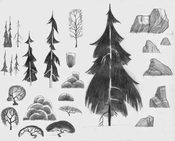 the image is a collection of pencil sketches of various trees, bushes, and rocks. they appear to be elements one might use when creating a landscape drawing or painting, particularly one depicting a forest.
