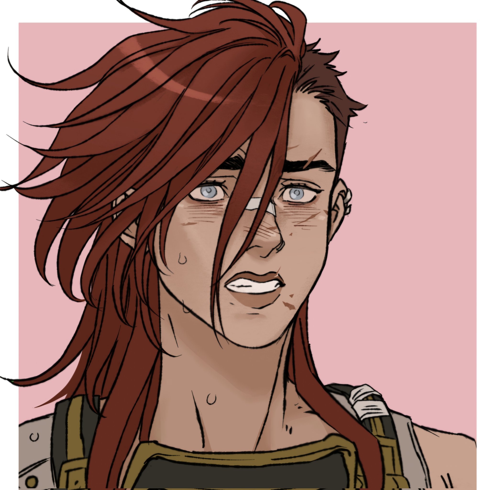 a cartoon illustration of a woman with red hair and blue eyes. she has a bandage on her forehead and visible scars on her face. her hair is styled with a side shave. she is wearing a tank top. the background is pink.