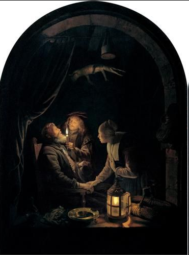 the image depicts a deathbed scene lit dramatically by candlelight.  a man lies propped up in bed, his face illuminated by a candle held by a young person who could be male or female.  an older woman stands by the bed, her face barely visible, reaching out to touch the dying man.  the setting appears humble, with a glimpse of a fireplace in the background. a hanging dead fowl adds a sense of foreboding. the scene is rendered in rembrandt's signature chiaroscuro style, with deep shadows and stark contrasts of light and dark, heightening the emotional intensity of the moment.