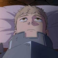 an anime character with short blonde hair and tired eyes wearing armor is laying on a pillow. his eyes are open but he appears to be deep in thought. the colors are muted and the overall tone is one of exhaustion.