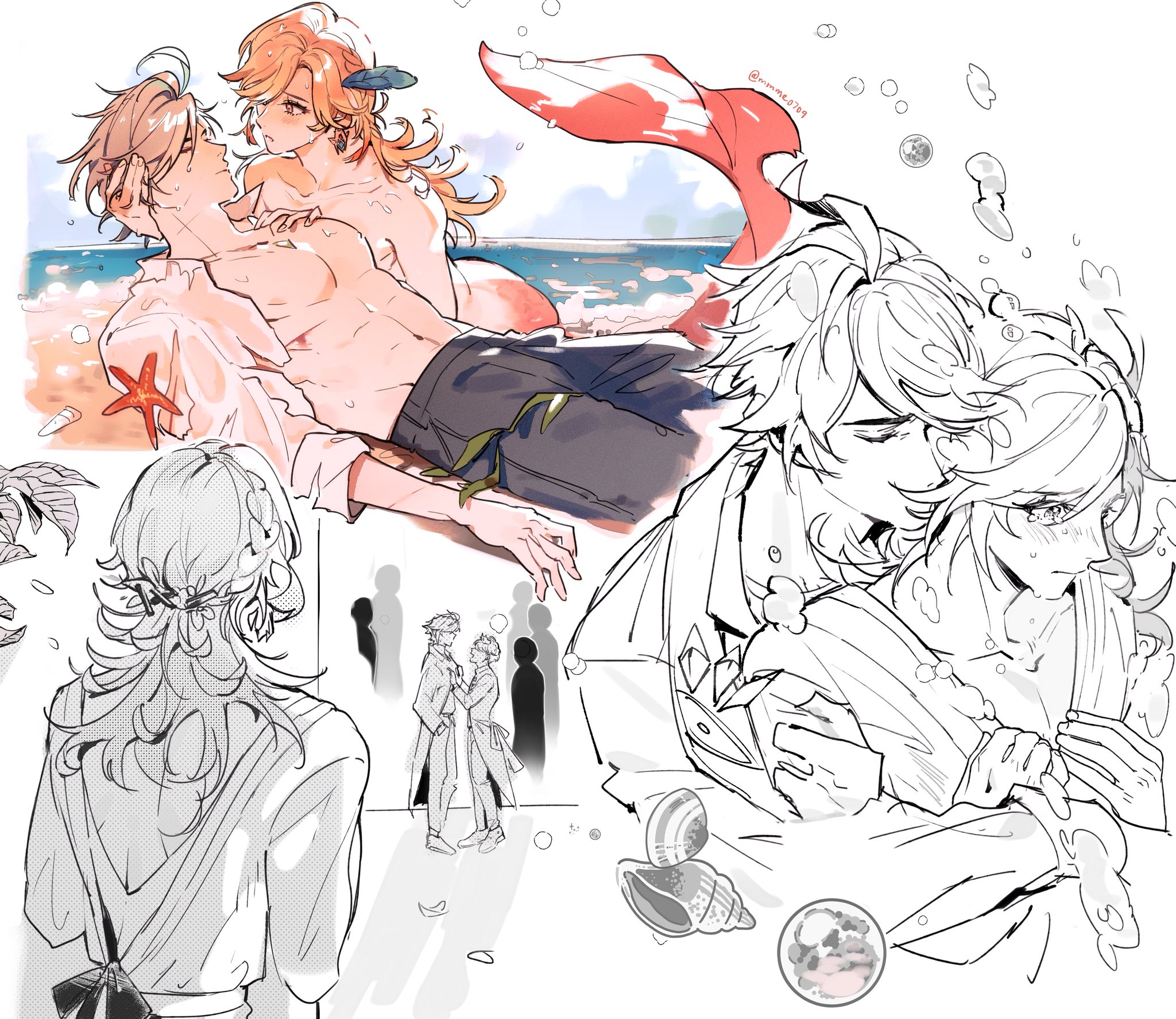 this image is an anime style illustration of three couples at the beach. the main couple is hugging and looking lovingly at each other. behind them, a male and female couple are walking on the beach and a mermaid is floating in the water with a male character in the foreground.