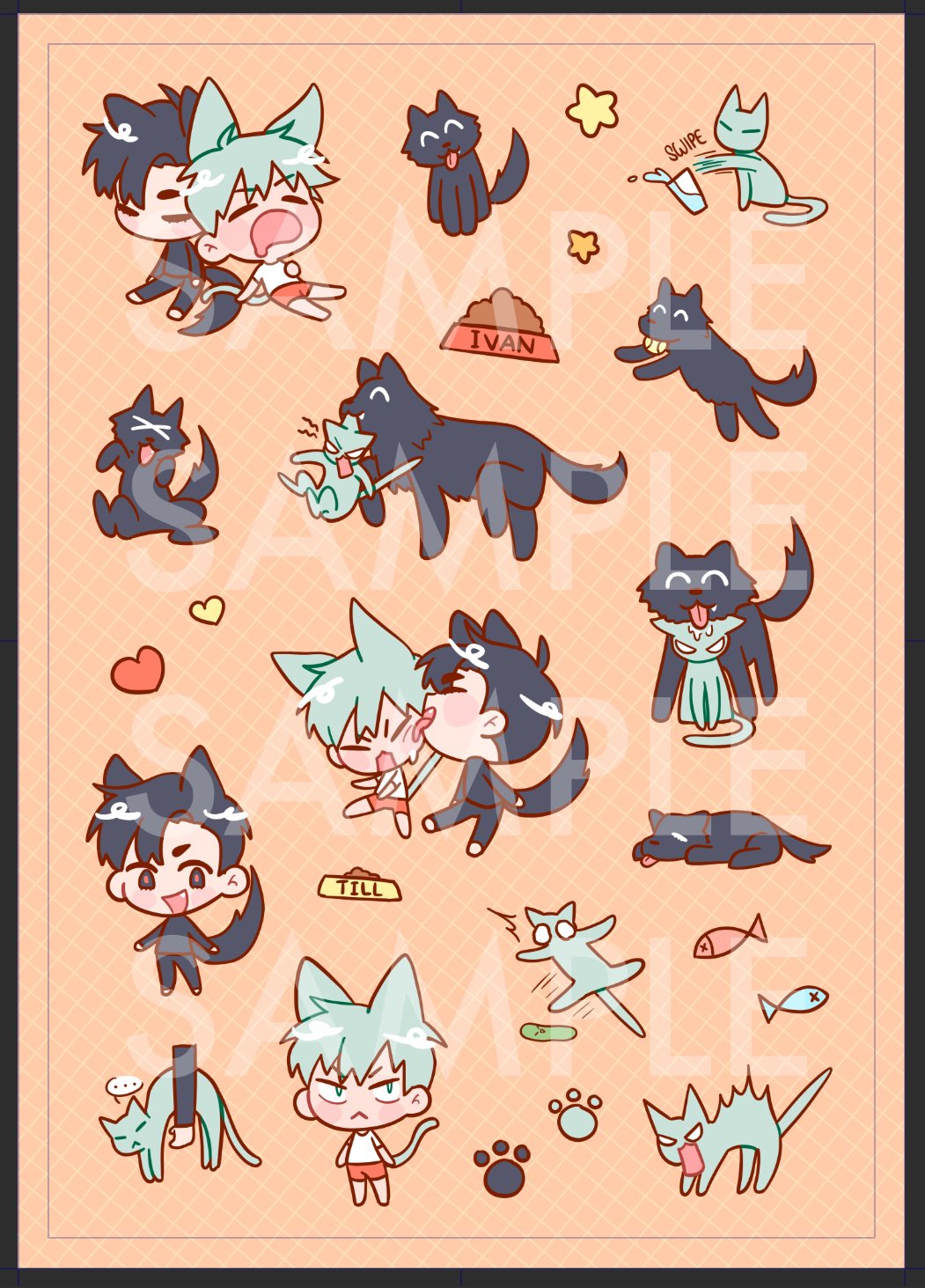 the image is a collection of cute cartoon stickers with cats and dogs as the main characters. they are all in various poses and expressions, some with food, some playing, some cuddling, some with paws and some with food. the background is a light orange color with a grid pattern and there are various colors being used.