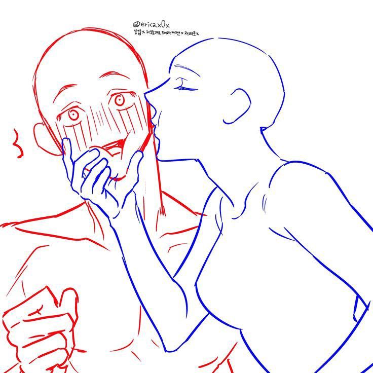 a sketchstyle drawing of a female kissing a male on the cheek. the female is drawn in blue lines and the male is drawn in red lines. the male is blushing and has a surprised expression on his face as he touches his cheek, while the female is kissing him with a calm expression. the background is plain white.