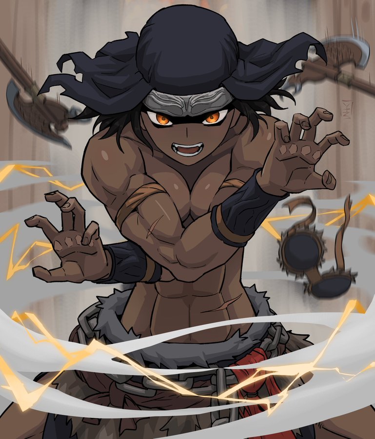 this is a digital illustration of a fierce warrior. the warrior has an angry expression, and is ready for battle. he has scars on his arms, as well as powerful muscles,  showing years of experience fighting. he is wearing a dark cloak, a headband, and a pair of bracelets, and seems to be a powerful and dangerous warrior.  there is  lightning around him, which shows he may be capable of using magical abilities. the background of the illustration is dark and gritty, adding to the fierce and powerful tone of the illustration. the warrior seems ready to take on any enemy who stands before him.