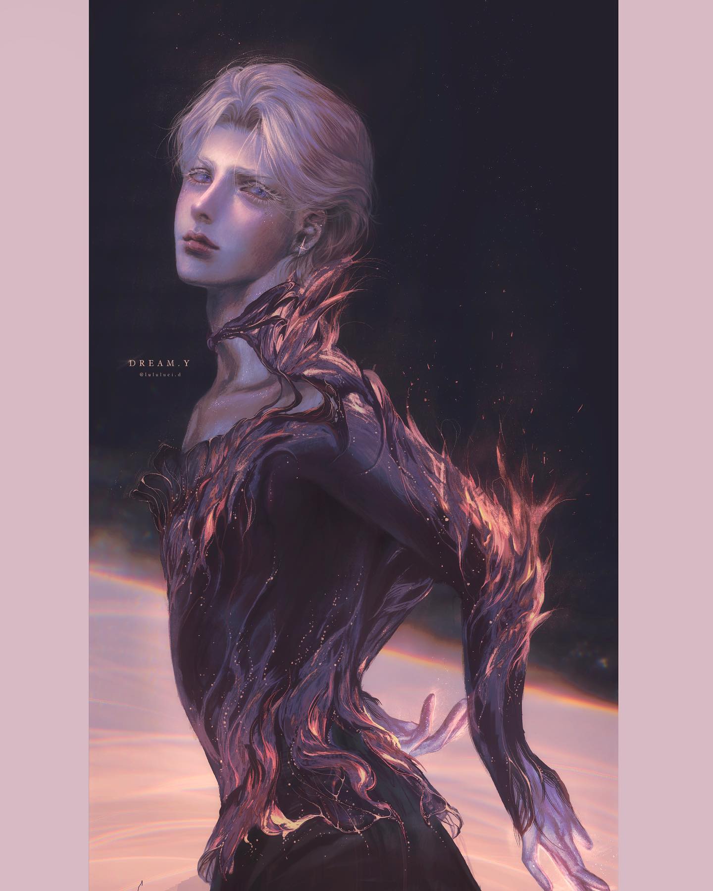 a digital illustration of a male figure skater in a dynamic pose, wearing a costume that flows like liquid fire and ice. the background evokes an ethereal skating rink.
