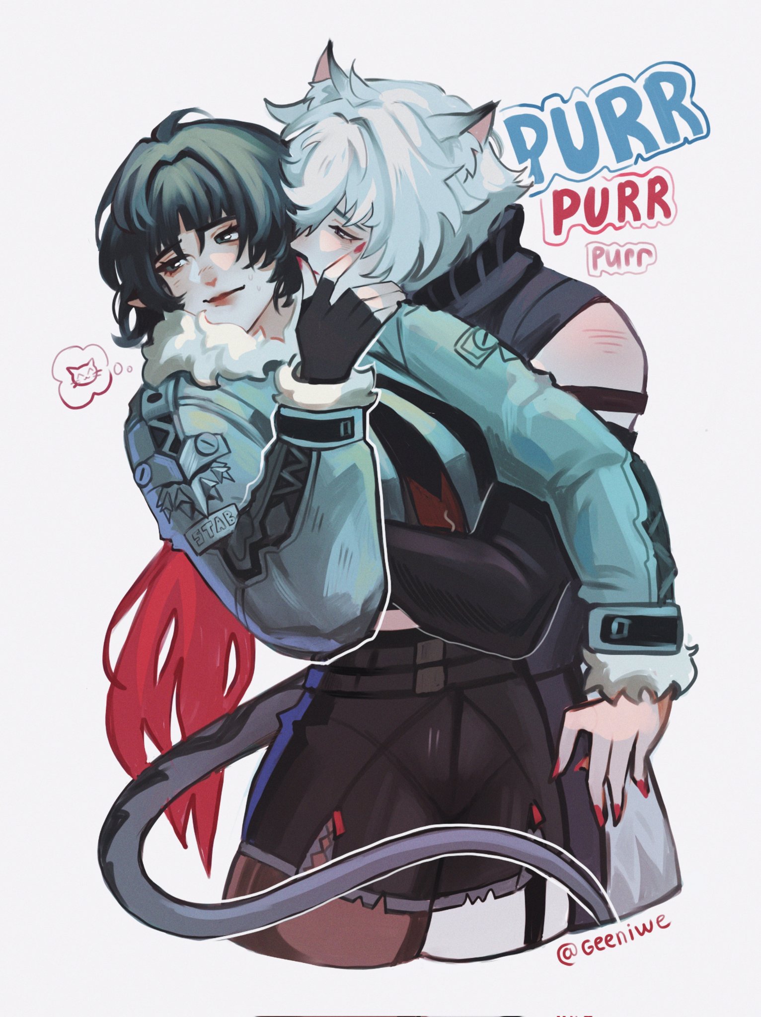 the image depicts two anime girls, one with long, white hair and cat ears, and the other with short, dark hair. the girl with white hair is holding the other girl in her arms. both girls are smiling and appear to be happy. the girl with white hair has her arms around the girl with dark hair, and the girl with dark hair is holding the girl with white hair's cheek. the girl with white hair has a cat tail that wraps around the other girl's waist. the image is set against a white background. the image is titled "purr" and there is a small thought bubble above the girl with dark hair that shows a cat.