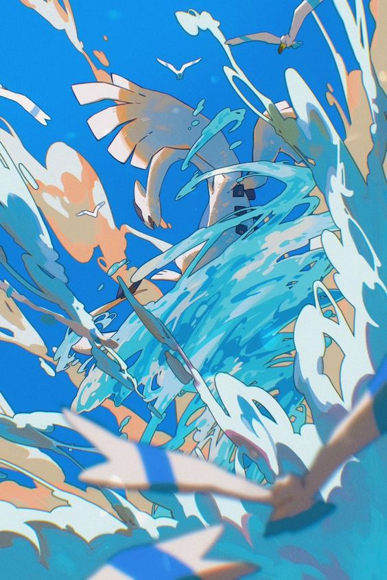 a swirling wave of water is captured from above, with seagulls flying around it. the wave is cresting, creating a dynamic and energetic scene. the color palette is bright and evokes a sense of summer and the ocean.