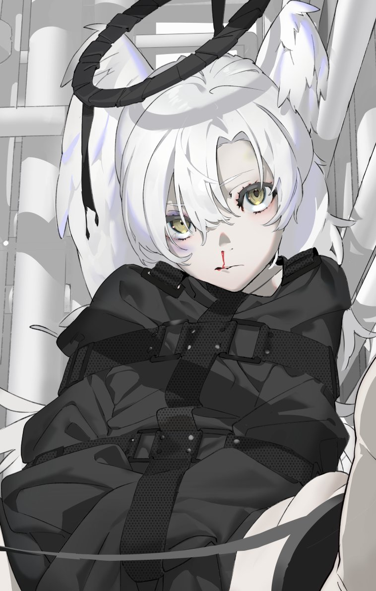 the image depicts a young anime girl with flowing white hair and a dark halo above her head. she appears injured, with a bandage over one eye and a trickle of blood coming from her nose. she's bound with multiple black straps across her torso, suggesting captivity or restraint. the environment appears industrial with metallic elements in the background, all rendered in a grayscale palette.