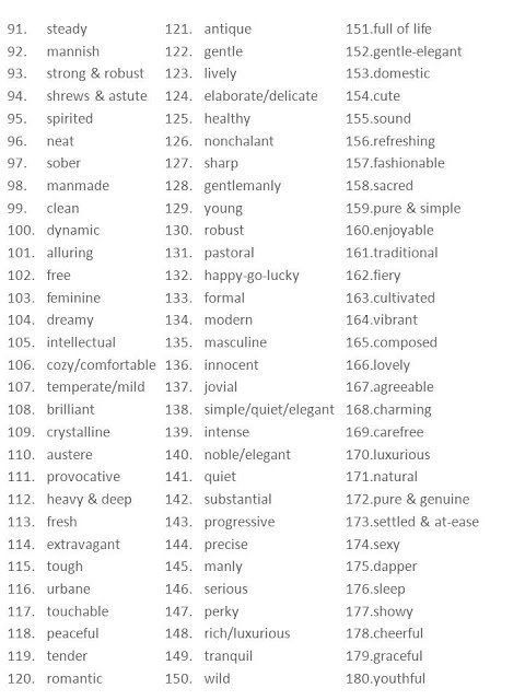 the image contains a list of descriptive words numbered from 91 to 180. the words cover a variety of adjectives describing qualities, characteristics, and styles.
