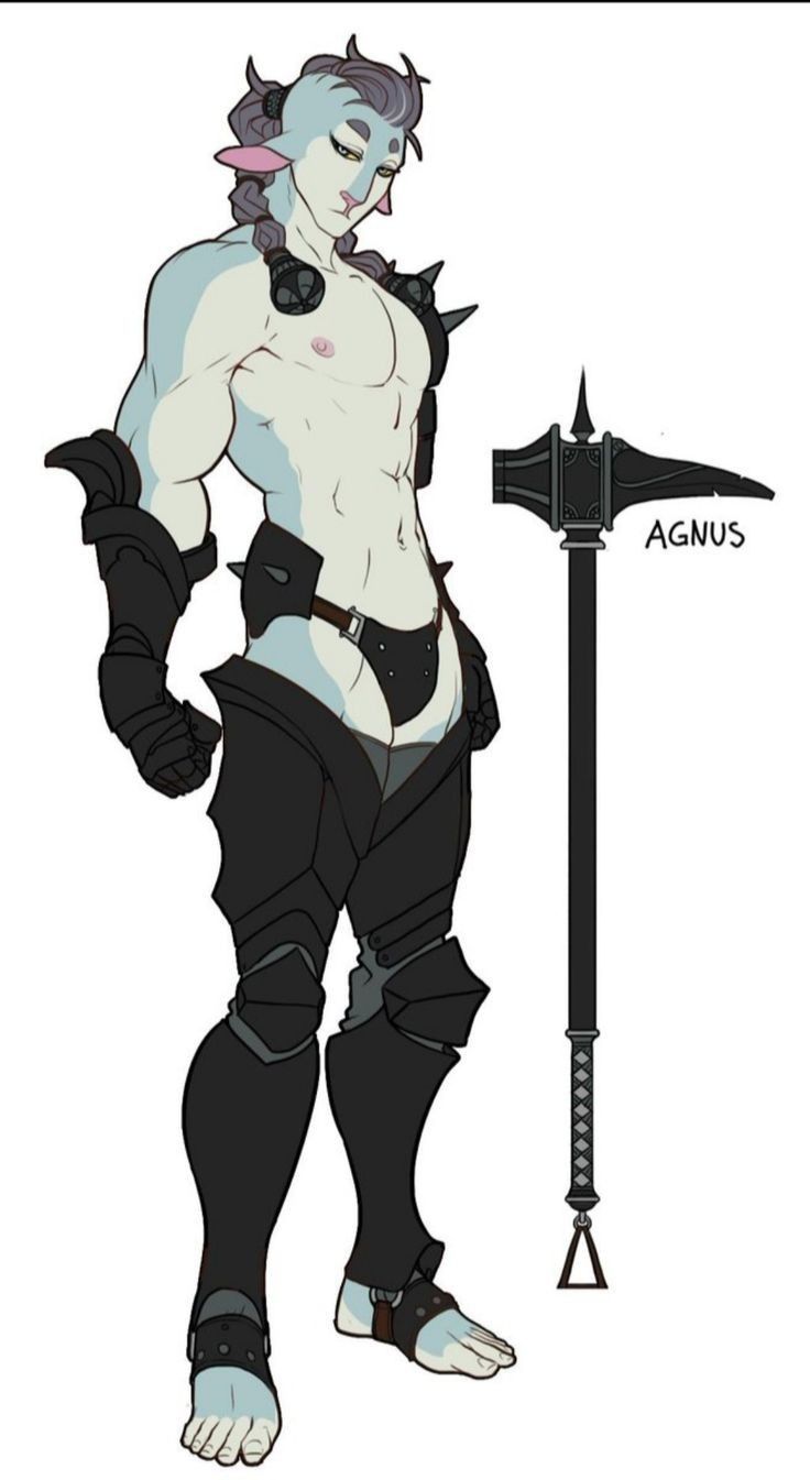 an illustration of a fantasy character, a muscular male warrior with blue skin, grey hair and black armor,  with a large hammer called agnus. he is standing and looking down. the drawing is digital and looks handdrawn.