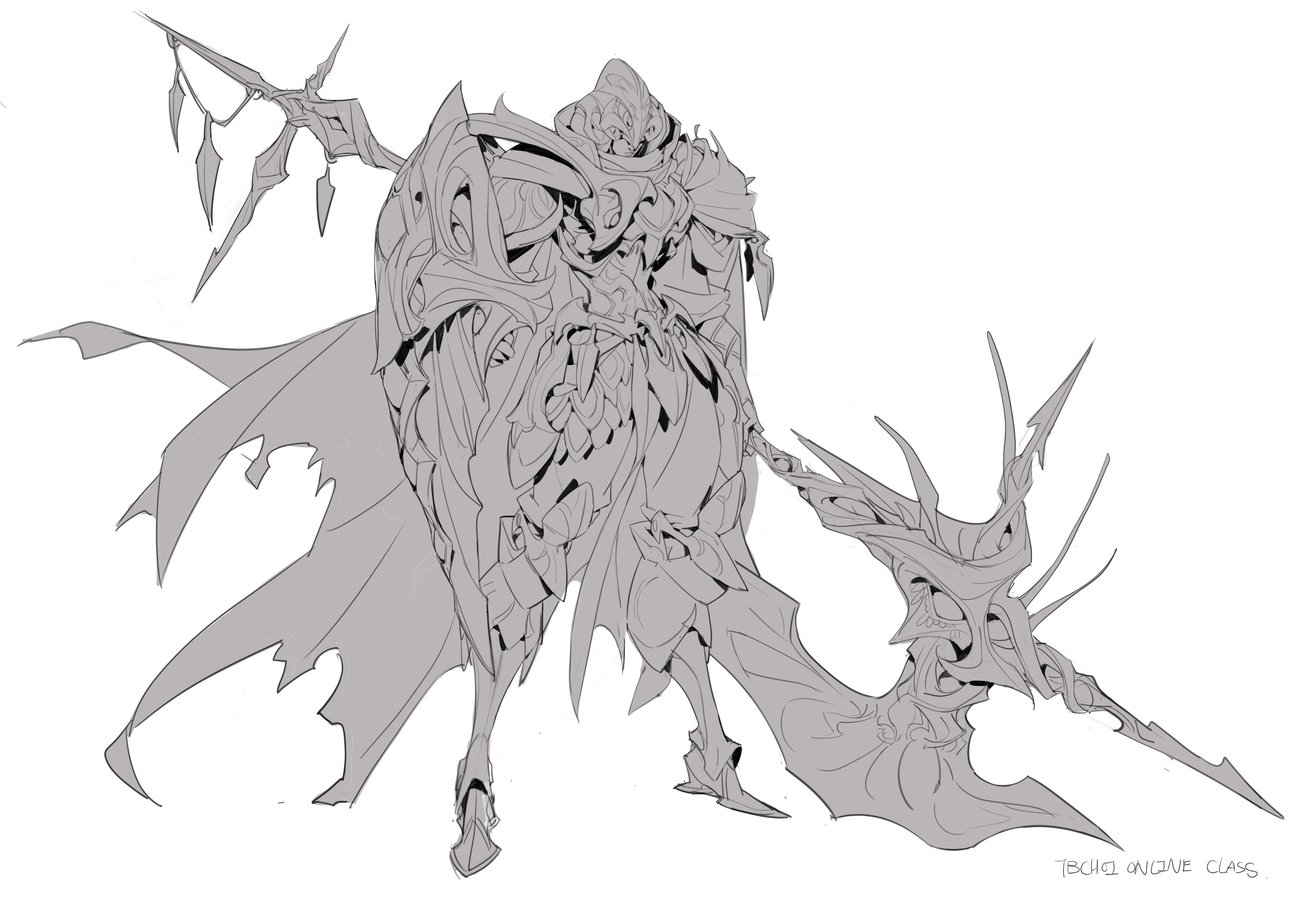 the image is a detailed grayscale concept art sketch or line drawing of a fantasy knight or warrior character. the character is heavily armored, with intricate, organic, and mechanical design elements incorporated into the armor. the knight wields a large, ornate spear with a complex, almost biomechanical design.  they wear a tattered cape that flows dramatically behind them. the overall style leans towards dark fantasy or gothic aesthetics, with a strong emphasis on detail and texture suggested through the line work. the artist's signature or watermark, "tbc11 oncine class," is visible in the bottom right corner.