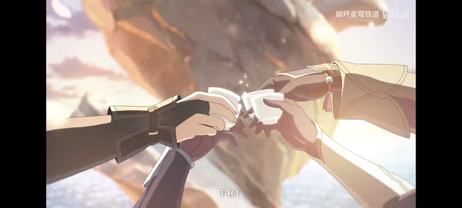 the image is an anime scene with two people holding hands and drinking tea from cups. they are standing against a backdrop of a futuristic city with buildings and sunset sky.  they are dressed in colorful clothing and the image has a romantic and friendly feel.