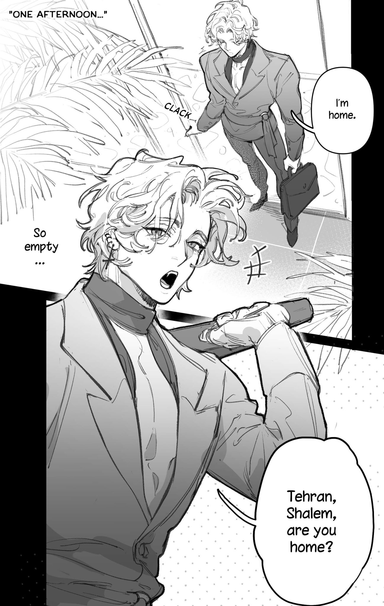 the image is a black and white manga panel with two men standing in front of an open doorway. the one on the left is holding a baseball bat and has a surprised expression. the one on the right is wearing a suit, tie and has a bored expression. both of them are looking at each other. there is a speech bubble coming from the man on the left saying "tehran, shalem, are you home?".