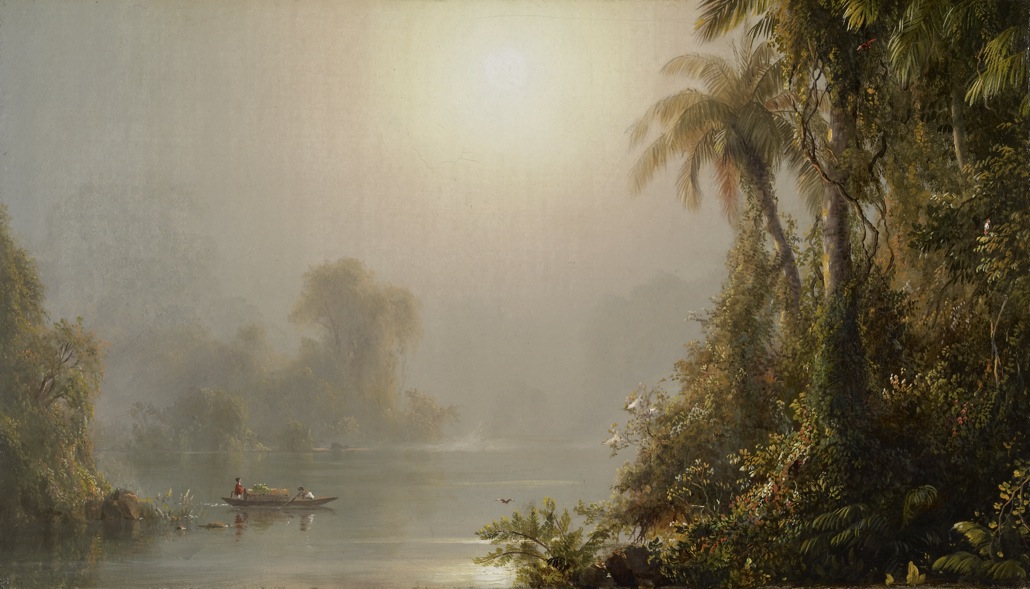the painting depicts a tropical landscape with a river running through it. a small boat with two people is on the river. the surrounding area is lush with trees, palm trees, and dense vegetation, resembling a tropical rainforest. mist or fog hangs in the air, obscuring the distance. the sun is visible in the sky, casting a warm glow over the scene, suggesting either sunrise or sunset. wildlife is present, including birds among the trees.