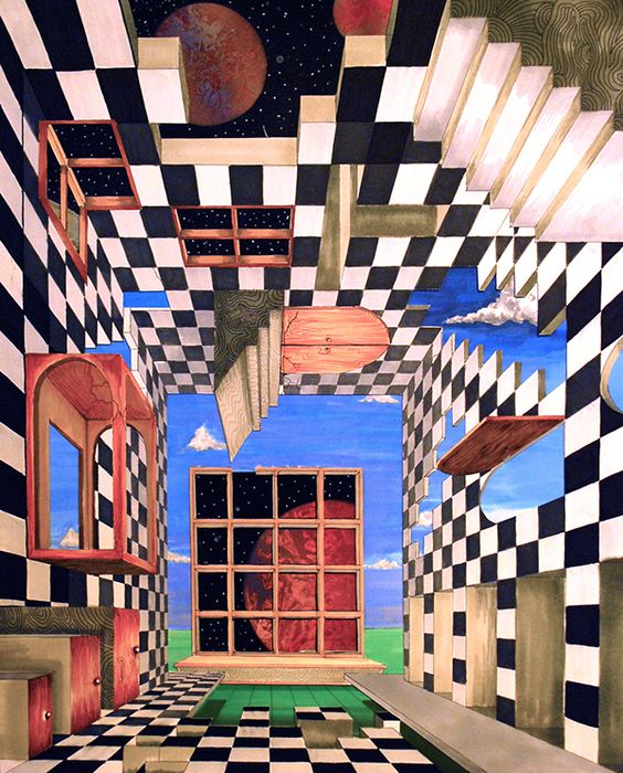 the image is a surreal artwork depicting an impossible architectural space. the scene is dominated by a black and white checkerboard floor and walls that defy conventional perspective.  various windows and doors are scattered throughout, some appearing to float or lead to other impossible spaces.  some windows show a view of a red planet in space against a deep blue sky with clouds, contrasting with the seemingly indoor setting. the style blends elements of surrealism, geometric abstraction, and possibly hints of cubism, creating a dreamlike and disorienting atmosphere. the artwork appears to be created using watercolor and/or mixed media techniques, with a blend of smooth and textured areas.