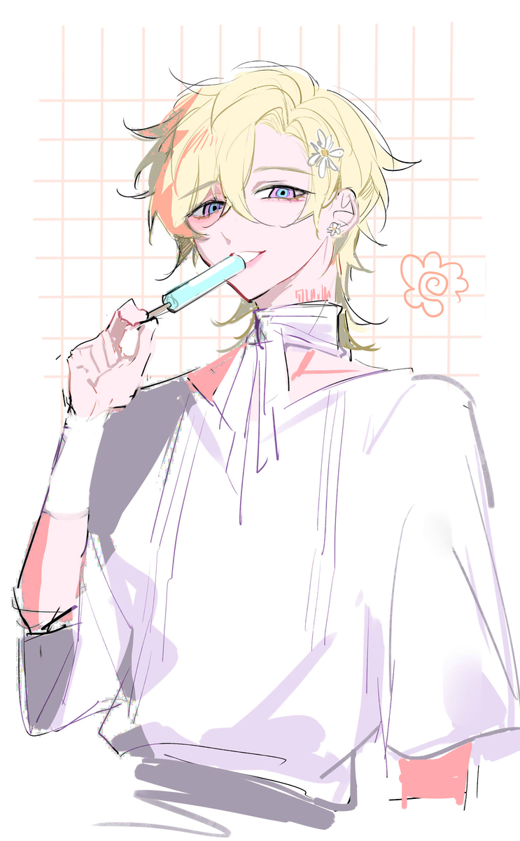this is a digital art illustration of a young anime boy with blond hair, wearing a white shirt, holding a popsicle. the boy is smiling and looks happy. there is a flower on his hair and a pink heart in the background. the illustration is done in a light and cute style. the background is pink with white grids.