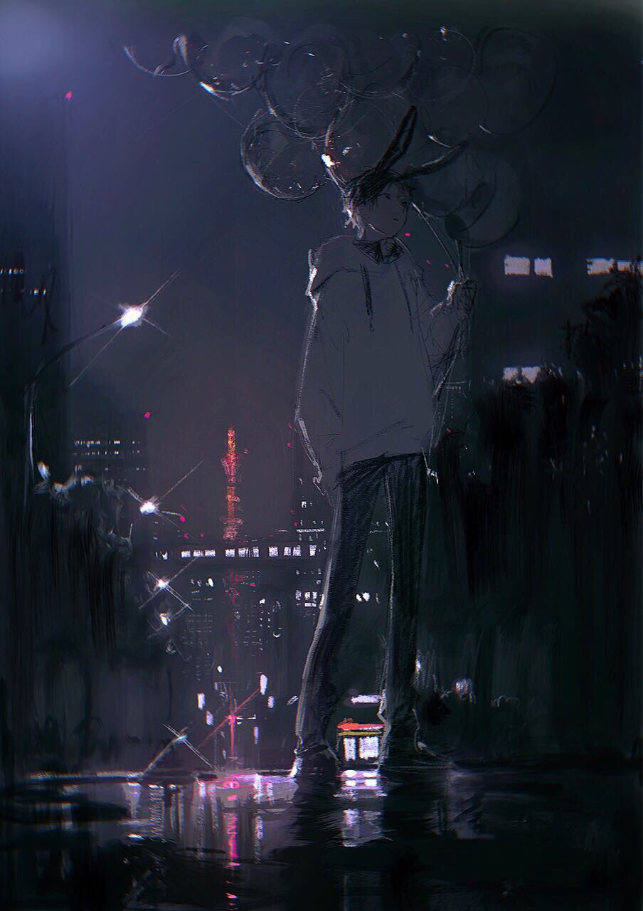 an animestyle digital painting shows a male figure standing on a wet surface in a city at night, holding a bunch of balloons. the person is wearing a white hoodie and dark pants. the city skyline is visible in the background with bright lights and reflections on the wet ground. the tokyo tower stands out in the distance.