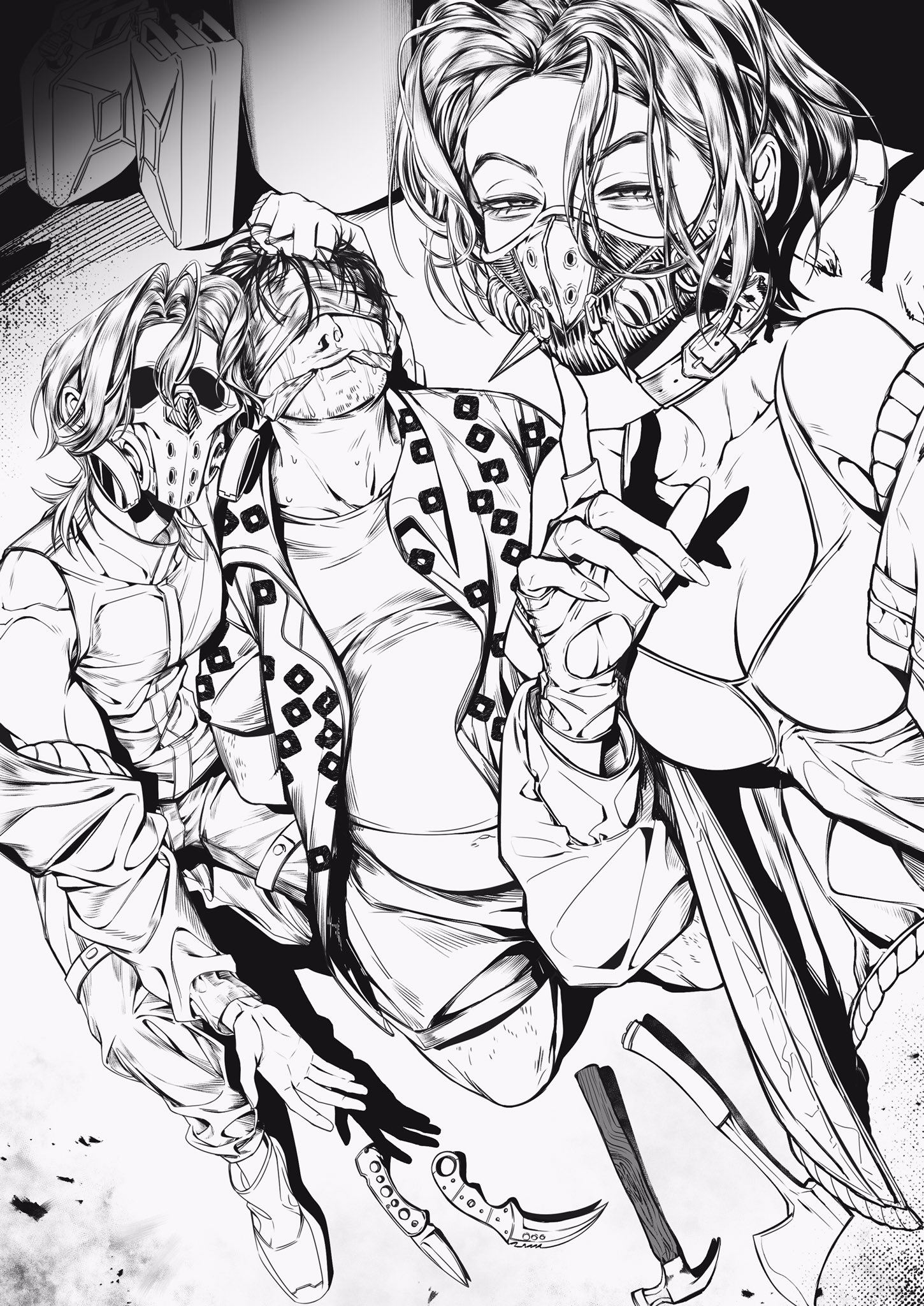 a black and white mangastyle illustration of two men with masked faces. one man is in the foreground, wearing a jacket, holding a knife and dagger, and the other man is in the background wearing a tank top and a mask. the drawing has a lot of dynamic lines and action poses.