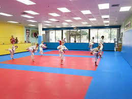 a group of young boys are practicing karate inside a brightly lit studio.  they are wearing white karate uniforms and black belts. the boys are all in various stances, with some kicking and others blocking. the floor is covered in a red and blue mat and there are windows along one wall.  the photo captures the focus and discipline of these young athletes.
