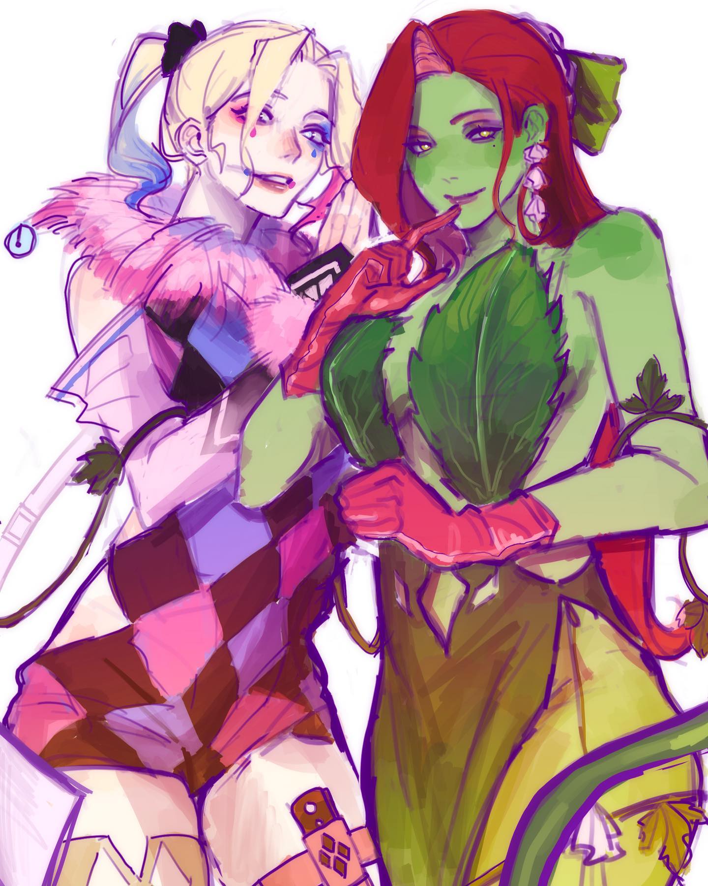 a digital illustration of harley quinn and poison ivy, both dc comics characters. harley quinn is wearing her signature jester outfit, while poison ivy is in a green, leafy costume. the two are posed close together, their arms around each other.