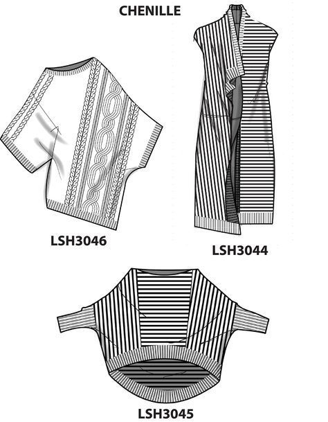 the image shows a fashion illustration with three different garment designs. the design at the top left is a sweater with a cable knit design. the design at the top right is a long cardigan with vertical stripes. the design at the bottom center is a striped sweater. the label "chenille" is at the top of the image. the labels "lsh3046", "lsh3044", and "lsh3045" are below the corresponding designs.