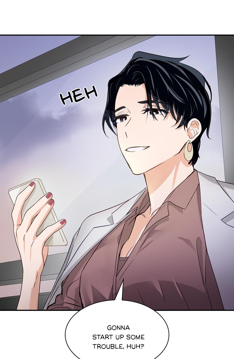 a closeup illustration of a stylish animestyle male character. he has dark hair, is wearing a white coat over a purple shirt, and is holding a smartphone. he has a smirk on his face, and a speech bubble above him says "heh" and then "gonna start up some trouble, huh?". the background is a muted gray.
