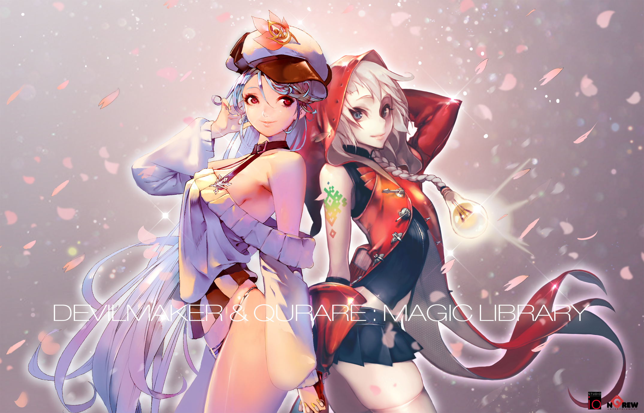 two anime girls. one is in a white, pink, and lavender costume with white, lavender, and pink hair. the other is in a red, black, and white costume with white hair. they both have red eyes. the background has a soft pink glow and is decorated with white petals.  the title "devilmaker & qurare: magic library" is written at the bottom of the image.