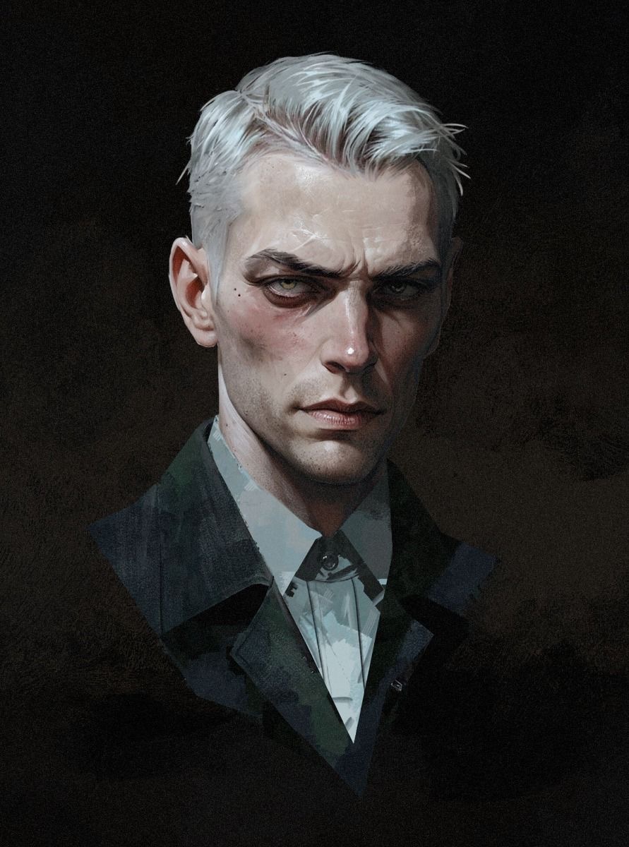 a portrait of a man with white hair, wearing a black coat, white shirt, and tie. he has a serious expression on his face, looking directly at the viewer. the image is set against a dark background, creating a moody and mysterious atmosphere. the man appears to be handsome and elegant, with sharp features.