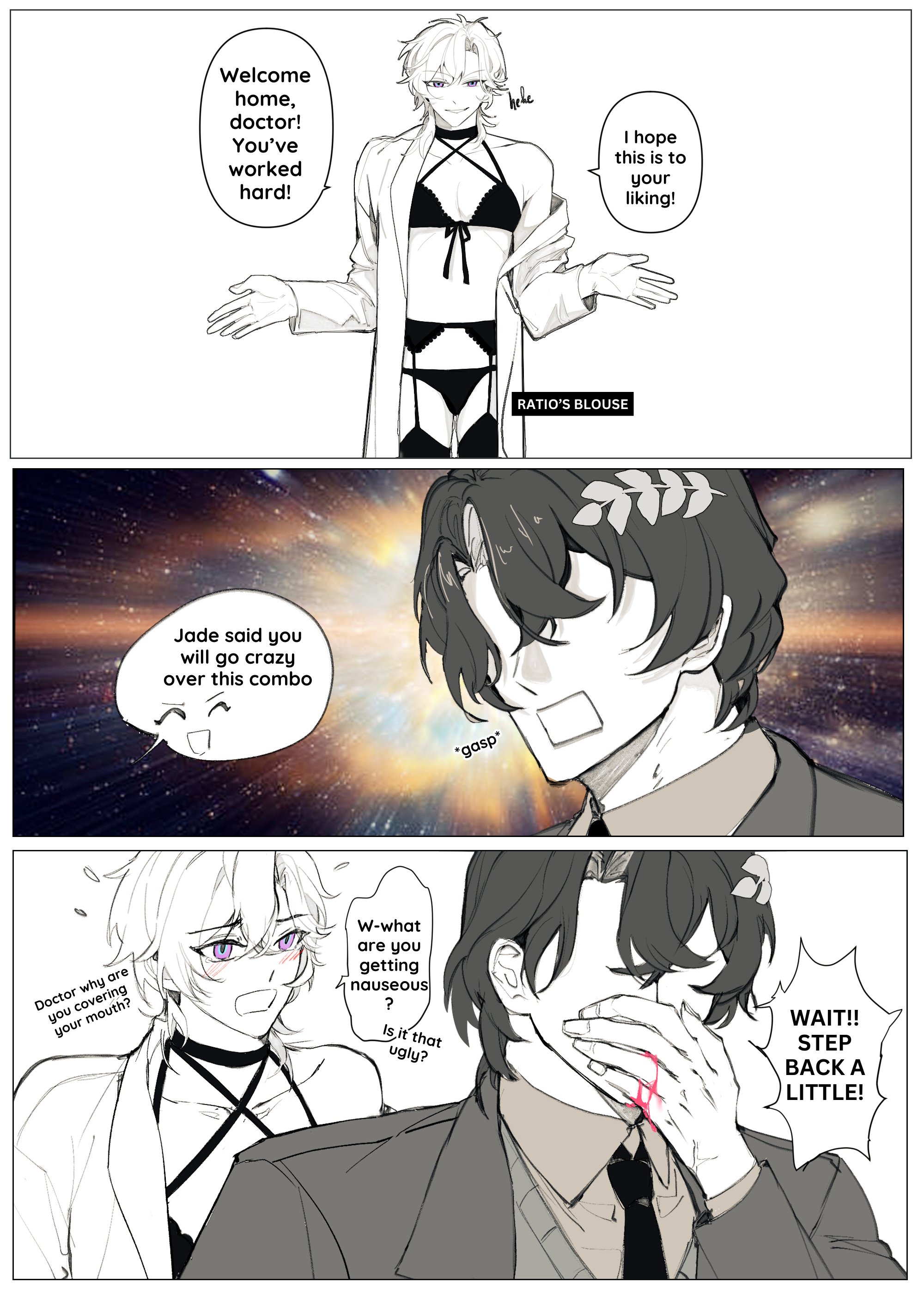 he image is a mangastyle comic strip depicting a humorous interaction between two men.  the first panel shows a woman welcoming a male doctor home, who is wearing lingerie.  the second panel shows one man reacting with shock and nausea to seeing the other man in the previous panel's outfit. the third panel shows a close up of their interaction, with the shocked man covering his mouth. the dialogue bubbles contain various exclamations and comments related to the situation. the art style is clean and expressive, using grayscale with shading to convey emotion.