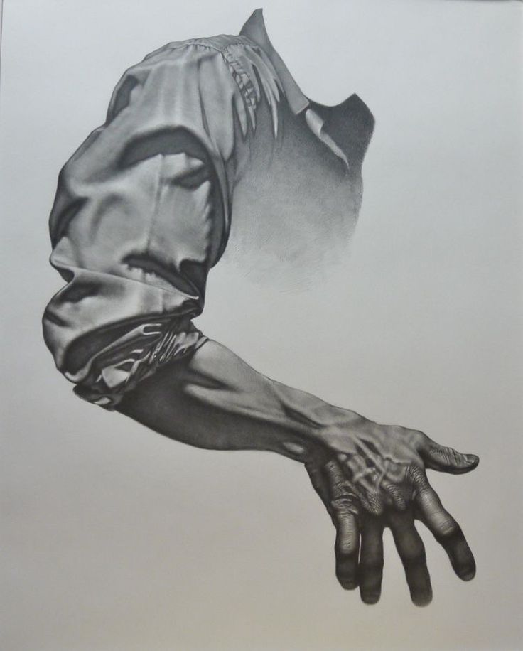 this is a pencil drawing of a man's arm and hand.  the arm is bent at the elbow, and the hand is extended outward, palm up. the arm is wearing a longsleeved shirt. the drawing is in black and white, and the subject is realistically rendered.