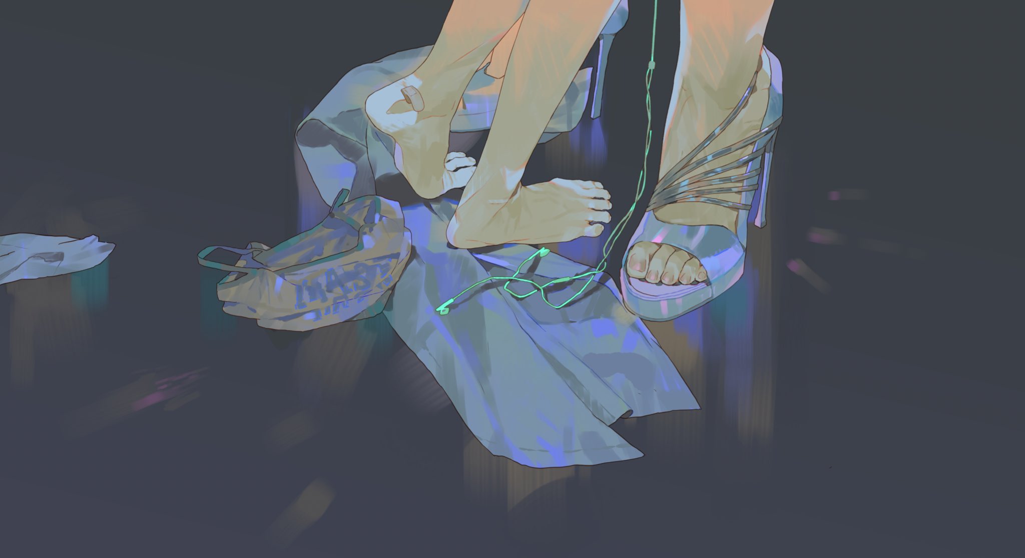 the artwork portrays a pair of feet, one wearing a highheeled sandal, resting on a lightcolored shirt with a shopping bag and a pair of earphones nearby.