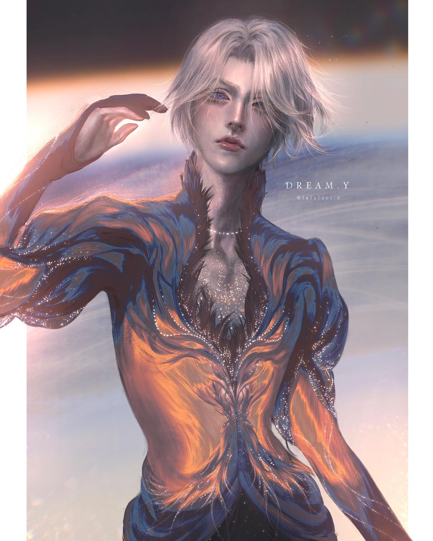 a digital illustration of an anime boy with white hair and blue eyes. he is wearing a blue and orange, sparkling suit.  the background is a dreamlike, celestial scene. the overall impression is elegant and graceful.  the boy looks handsome and dreamy.