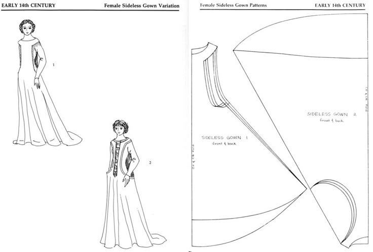 the image shows two variations of female sideless gowns from the early 14th century and their corresponding patterns. on the left side, there are line drawings of two different gowns. the first gown features long sleeves and a simple design, while the second gown has decorative side panels. on the right side, there are pattern pieces for two sideless gowns, labeled "sideless gown 1" and "sideless gown 2", showing the front and back pieces.