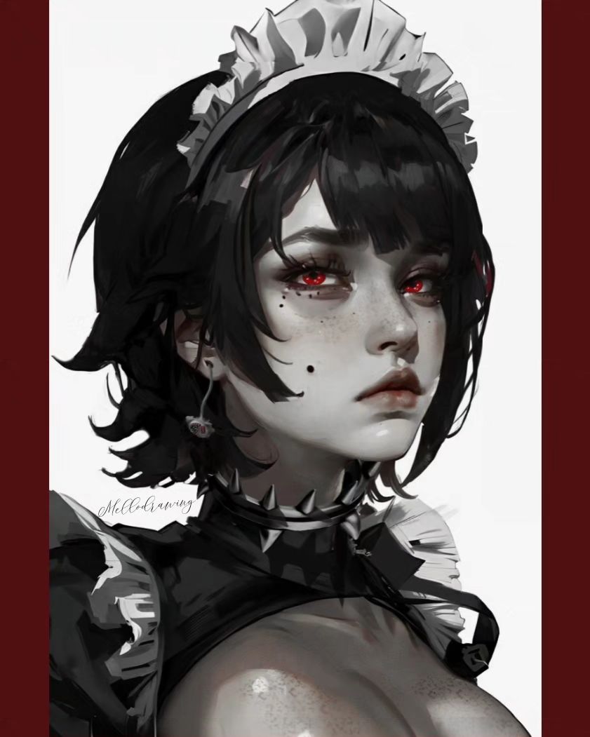 this is a digital illustration of an anime maid with black hair and red eyes. she's wearing a white collar, a white apron, and a black dress with a choker. she looks very serious and is staring directly at the viewer. the background is white. the art style is quite detailed and realistic.  the illustration is a very wellexecuted digital artwork.