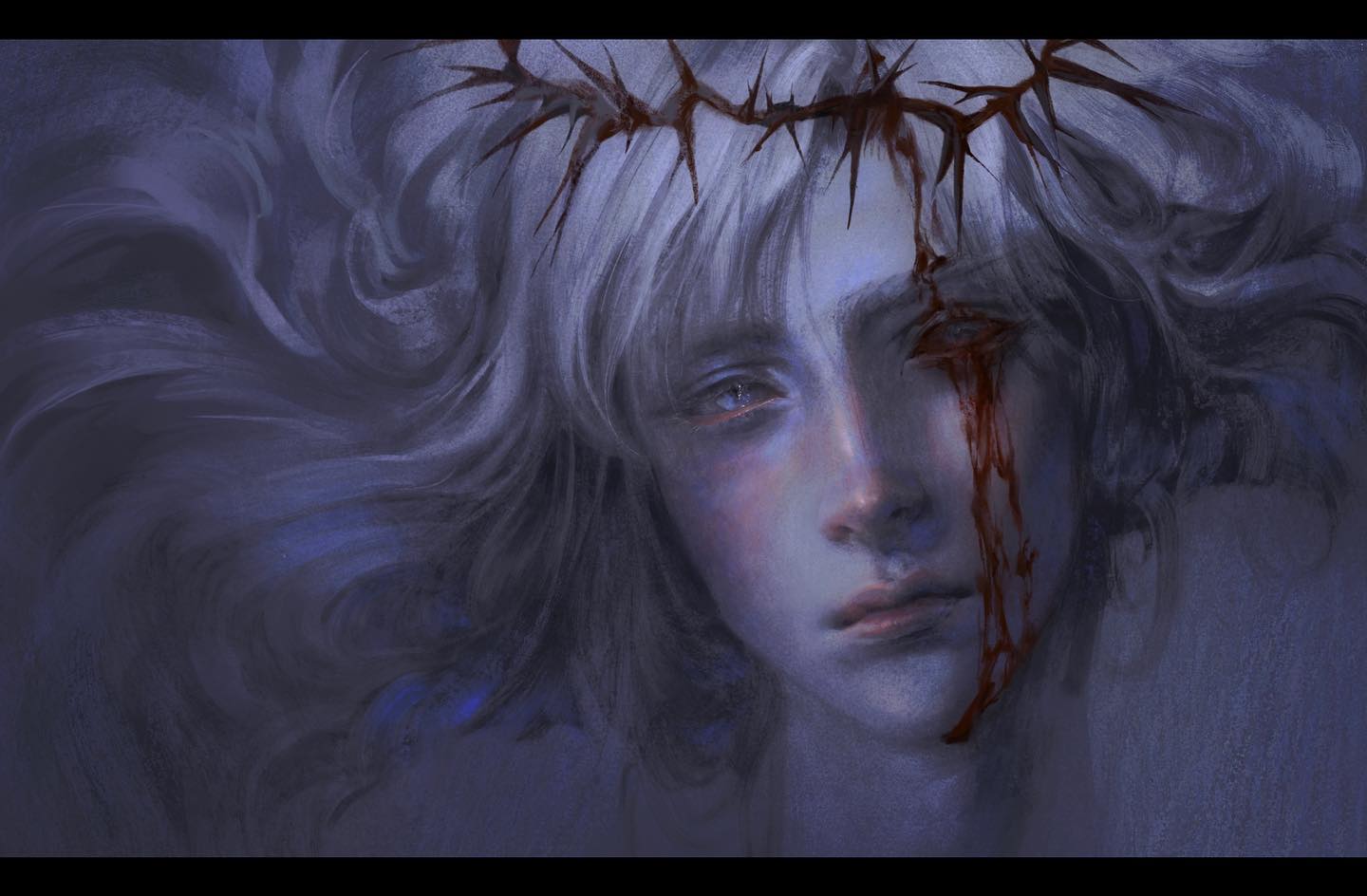 a digital illustration of a young man with white hair and pale skin. he wears a crown of thorns on his head, and blood drips down his face from beneath it. his expression is one of quiet anguish. the background is dark and indistinct, creating an ethereal and somber mood. the overall palette is muted and cool, emphasizing the sorrowful atmosphere.