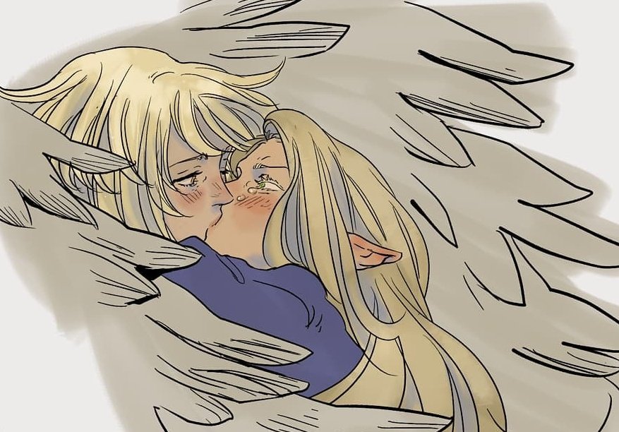 a cartoon drawing depicts two blondehaired figures sharing a kiss, surrounded by feathered wings. one figure, possibly male, has shorter hair and looks emotional with visible tear streaks. the other figure has longer hair, pointed elf ears, and also appears to be crying. they are embraced amidst the wings, set against a light background.