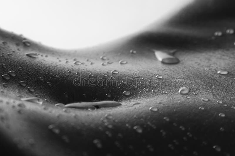 the image is a closeup, black and white shot of a woman's abdomen and navel.  the skin is smooth and covered in numerous small water droplets, giving it a wet or dewy appearance. the focus is shallow, with the center of the abdomen in sharpest focus, while the edges softly blur.  the overall mood is sensual and intimate, emphasizing the texture and form of the body. the lighting is soft and diffused.
