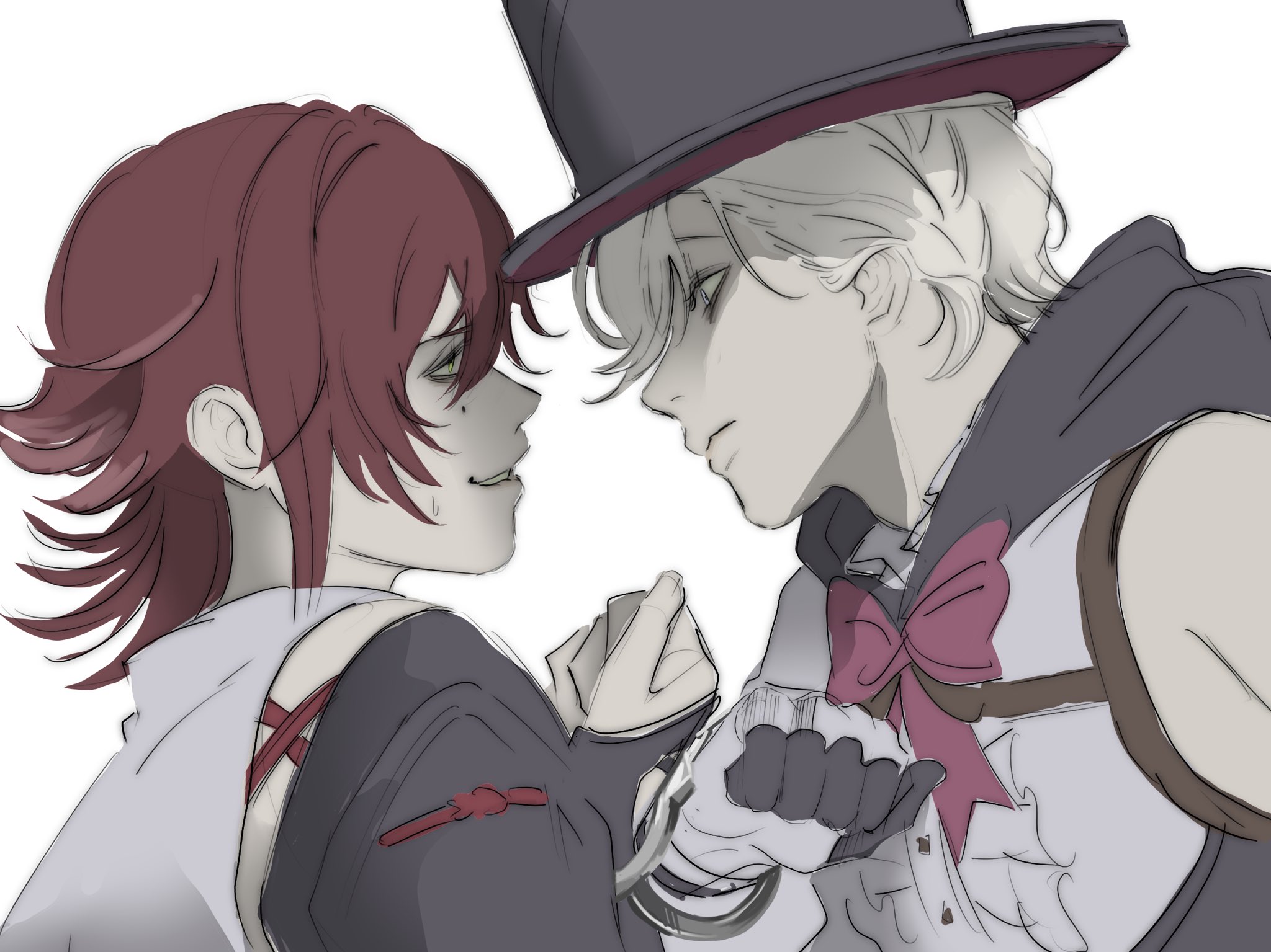 the image is a stylized drawing of two men, likely original characters, in a romantic pose. one man, with red hair and a hint of fangs, evokes a vampire aesthetic. the other, with white hair and a top hat, resembles a stage magician. they are holding hands and gazing intently at each other, their faces close. the background is plain white, emphasizing the characters and their connection. the art style is soft and slightly sketchy, contributing to the romantic and intimate atmosphere.