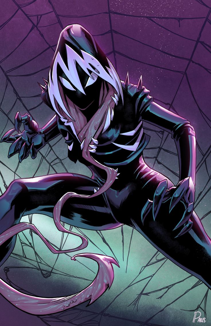 this is an illustration of the venom symbiote in its black suit with white markings on its body, which has long sharp teeth, claws, and a long tongue. it appears to be crawling on a weblike structure, possibly a spider web. the image has a dark, ominous feel, with contrasting shades of purple, green, and blue, creating a dramatic and eerie atmosphere. the character looks menacing and powerful, with a fierce expression on its face.