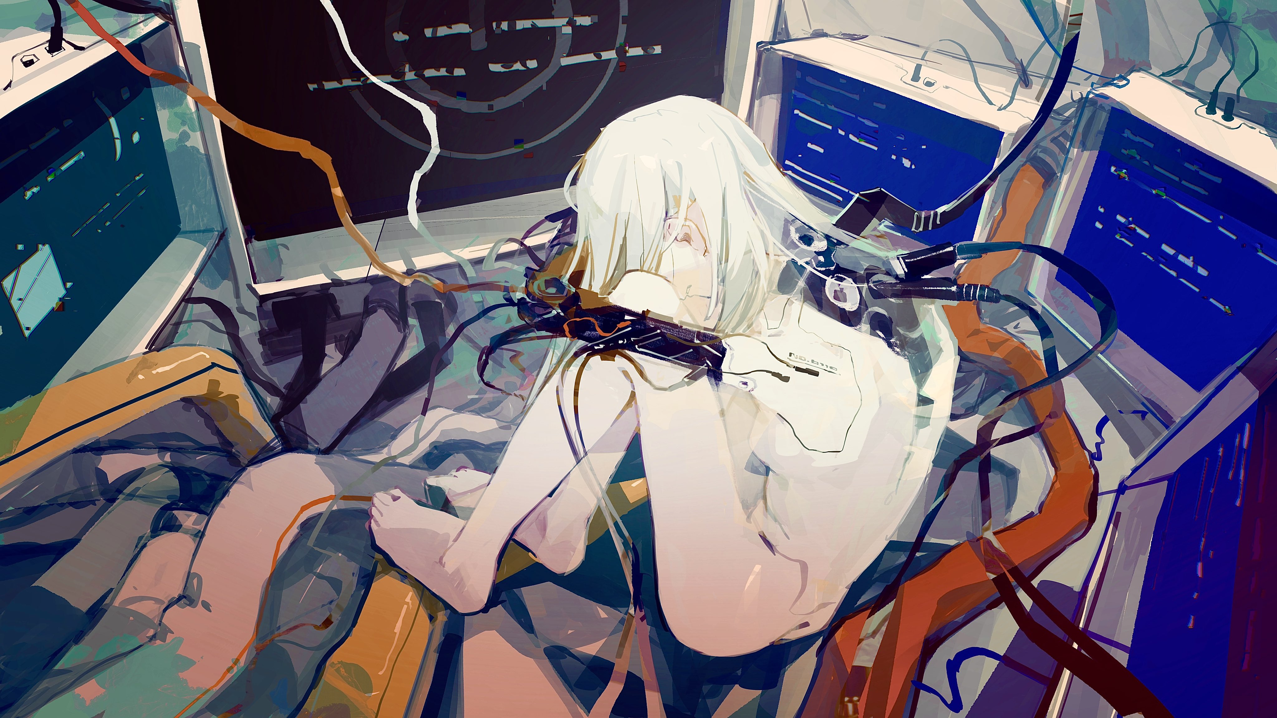 the image depicts a young woman with long white hair lying amidst a chaotic jumble of computer monitors and wires. she appears to be a cyborg, with wires connecting to her body, particularly her arm and chest. her expression is obscured, but her posture suggests despair or exhaustion. the scene is dimly lit, with the primary light sources being the glow of the computer screens. the overall atmosphere is one of isolation and technological overload.