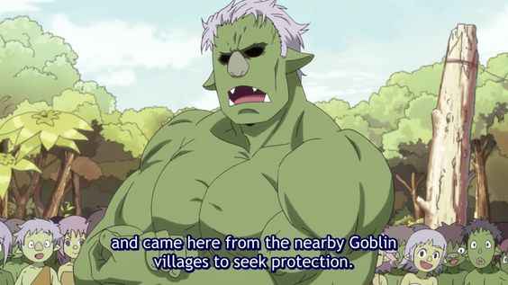 a green muscular goblin stands in the middle of the image talking to a crowd of goblins in a forest. the green goblin has white hair. his skin is bumpy with a large nose.  in the background, there is a forest with trees and a large tree trunk.  there are many goblins in the background.  a text bubble is above the large green goblin,  "and came here from the nearby goblin villages to seek protection".