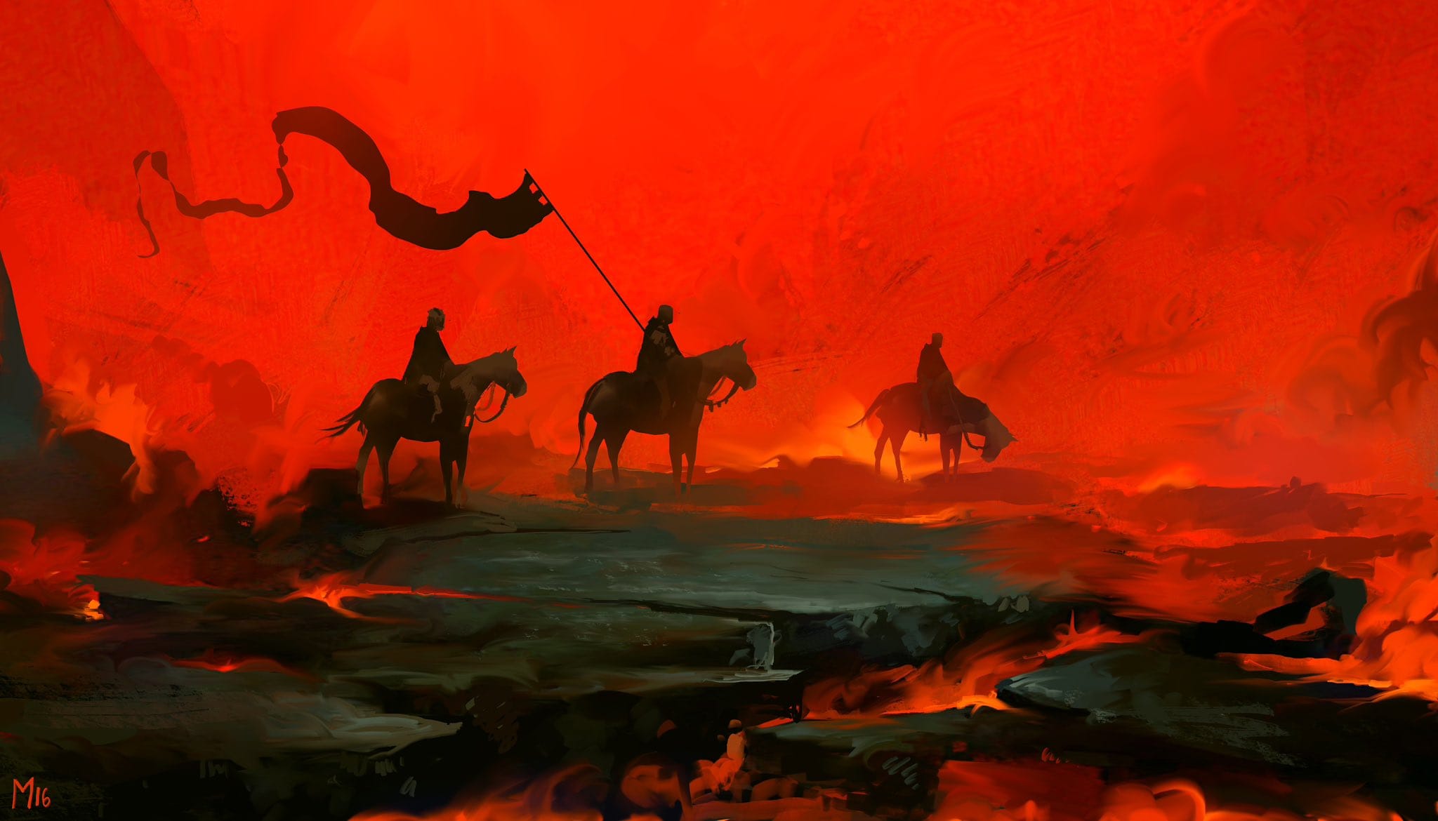 the artwork depicts a dramatic scene of three silhouetted horsemen riding across a desolate landscape under a fiery, red sky. the sky is intensely colored in shades of red and orange, suggesting a hellish or apocalyptic setting.  the horsemen are dark figures, almost indistinct, and they carry a long black flag. the ground appears to be volcanic or lavafilled, with glowing embers visible in the cracks. the overall atmosphere is ominous and suggestive of a journey through a dangerous, otherworldly place.  the style is painterly and impressionistic, with loose brushstrokes and a focus on mood and atmosphere.